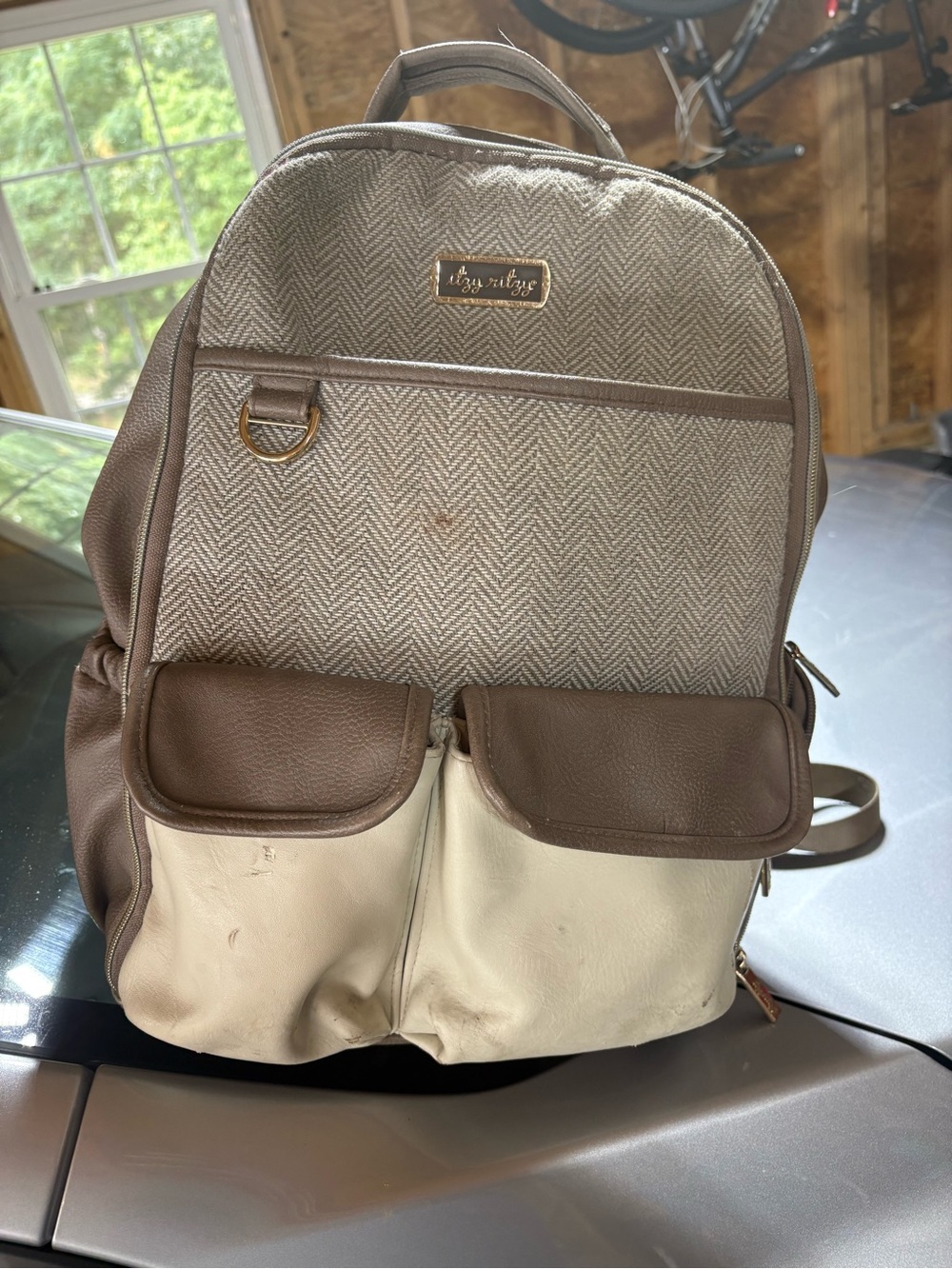 Itzy Ritzy Boss Diaper Bag Brown and Cream Herringbone